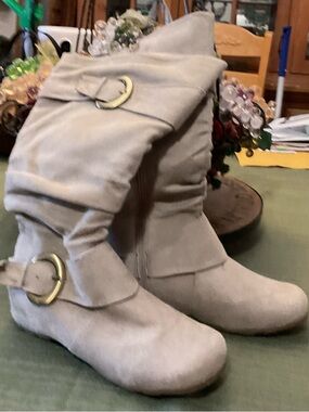 Journee Collection Light Taupe Slouch Mid-Calf Buckle Boots